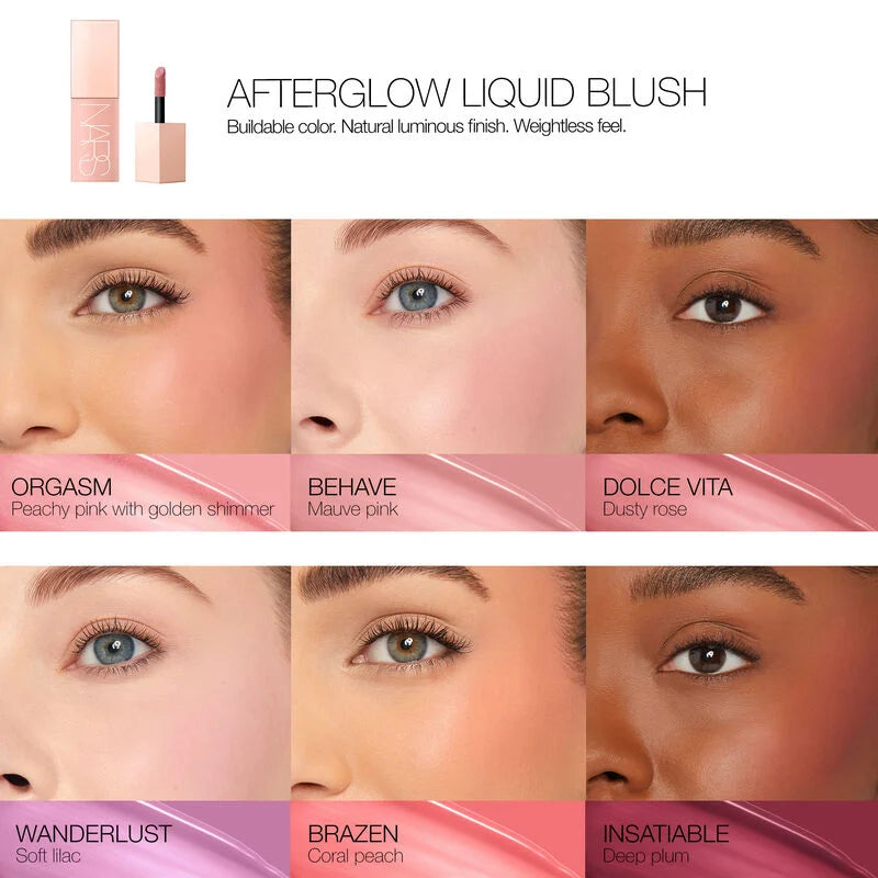 Behave | NARS Afterglow Liquid Blush 7ml Buildable Hydrating Blush with Sodium Hyaluronate and Vegan Protein
