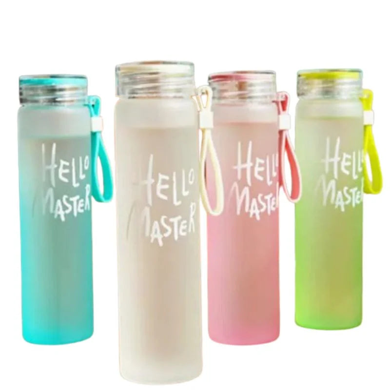 Blue Frosted Glass Water Bottle  |  Leak-Proof Insulated Bottle with Hello Master Decal Logo | 400ml