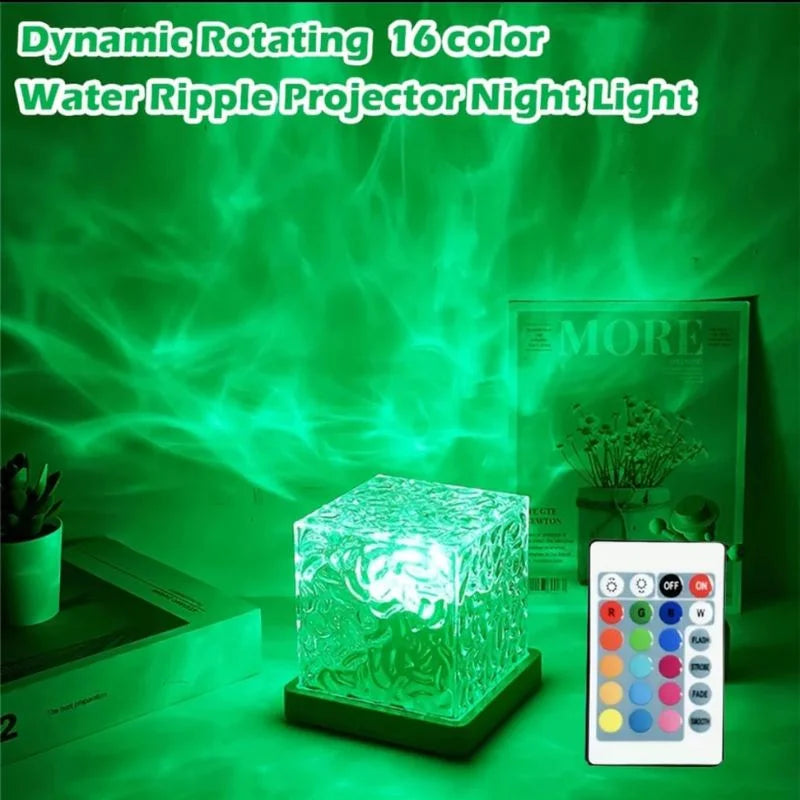 16 Colors Crystal Cube Ambient Light | RGB Water Ripple Lamp Projector with Remote Control | Dynamic Underwater Effect Mood Light for Bedroom, Living Room & Home Decor