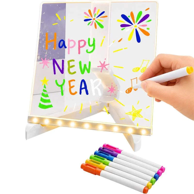 8x8 Inches LED Acrylic Writing Board with USB Light | 7 Colorful Erasable Pens |  Message Board with Markers & Stand